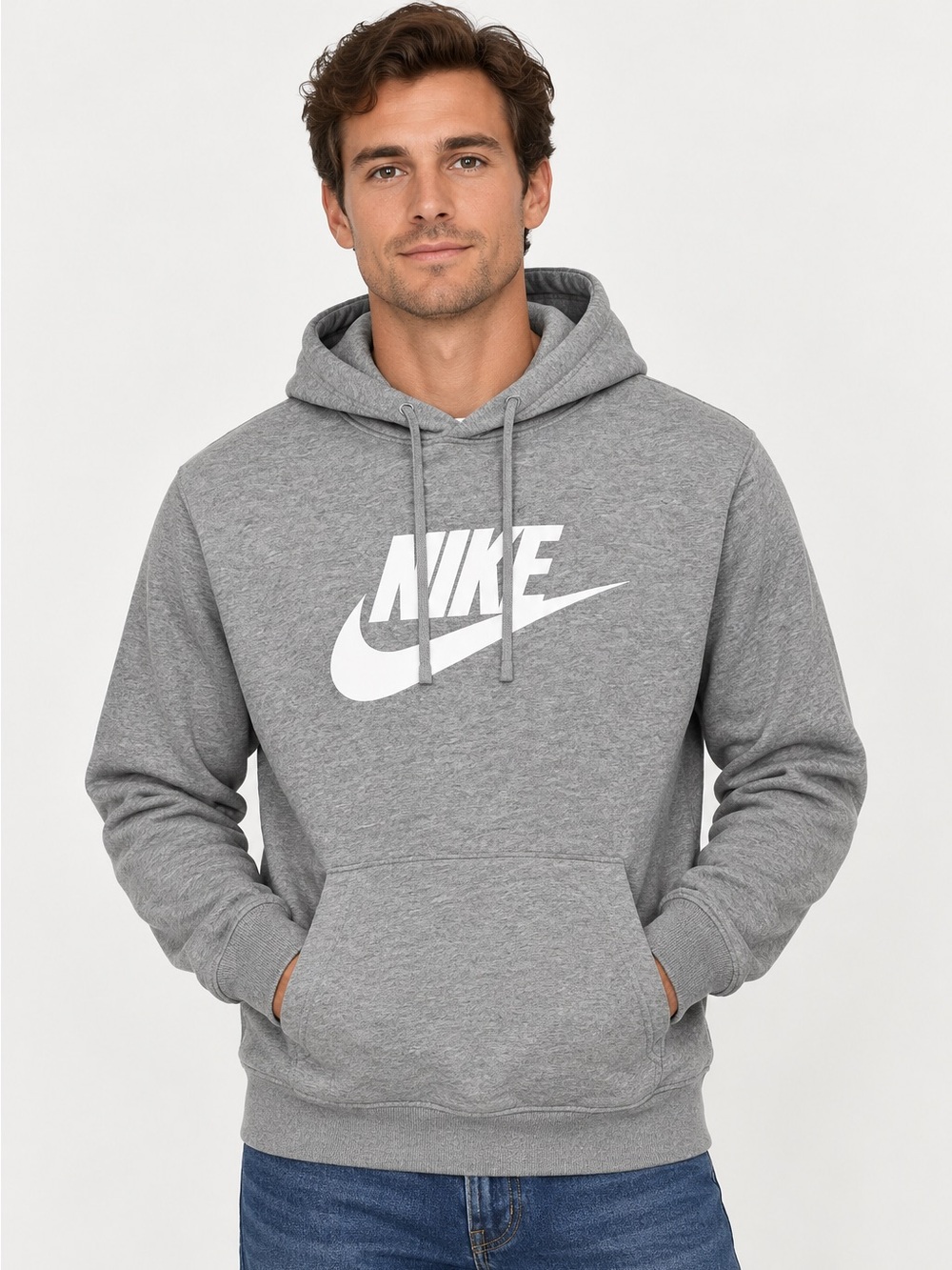 Nike Sportswear Men’s Grey Pullover Hoodie White Big Swoosh Size S